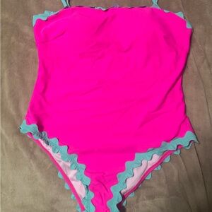 Hot Pink One-Piece Swimsuit with Aqua Ruffle Trim - Women's